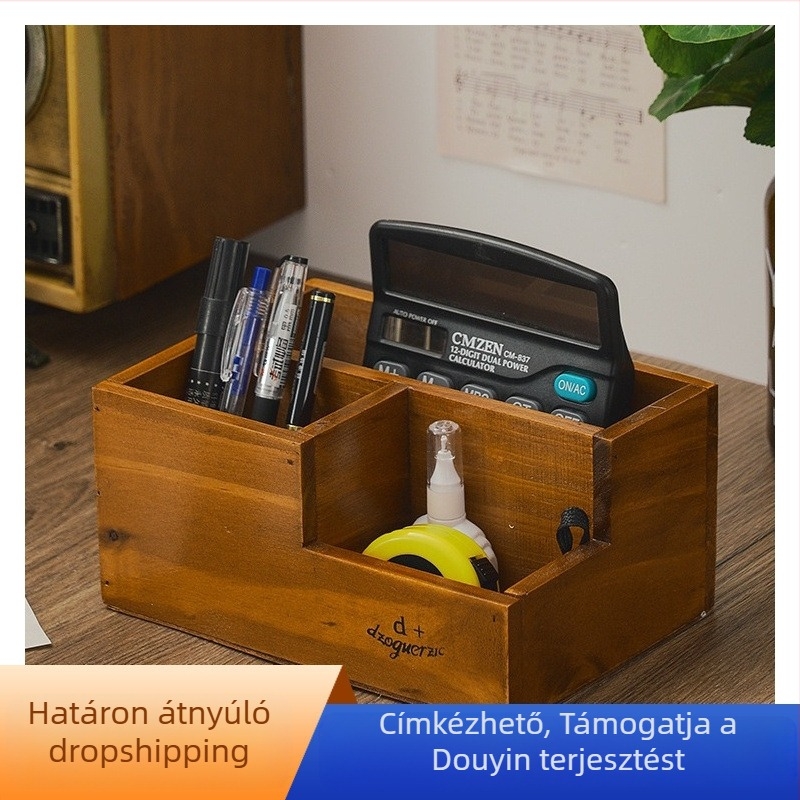 Vintage japán stílusú fa doboz az íróasztalhoz: tolltartó, hely a távirányítónak és vattapálcák tárolója