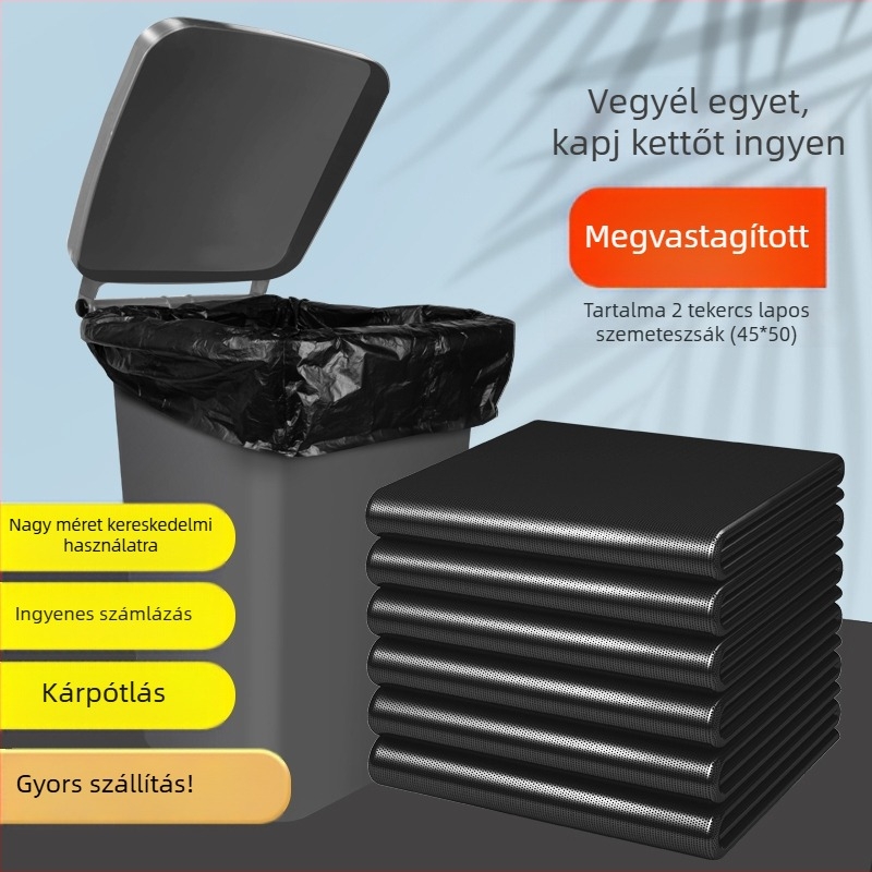 Vastagított fekete nagy méretű egyszer használatos szemeteszsák lapos szájú kialakítással, ingatlanüzemeltetéshez és kórházaknak