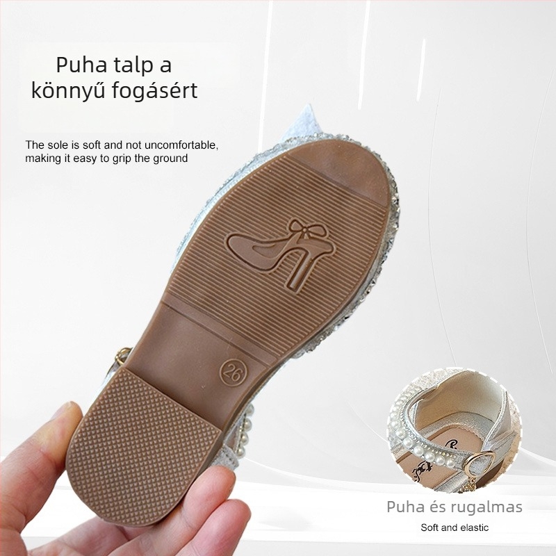 Gyerekeknek készült strasszos cipő, hercegnő stílusú, szintetikus bőr, Velcro-zár, 2026 tavasz kollekció