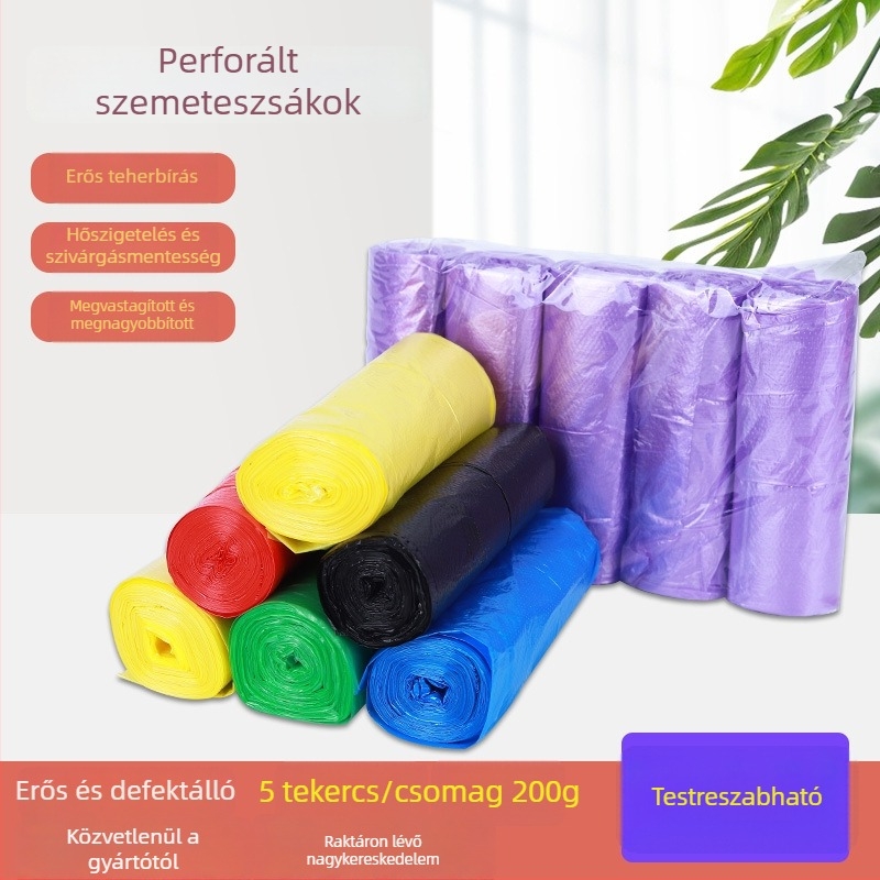 Vastagított egyszer használatos szemeteszacskók 45×50 cm, színes műanyag zacskók konyhához és otthoni használatra, perforált nyílással