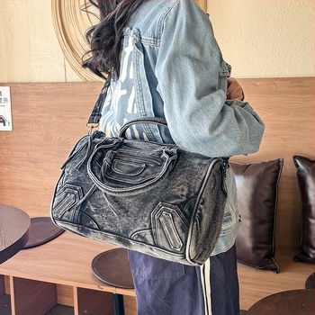 Női mosott denim válltáska, nagy kapacitású, vintage stílus, mindennapi táska