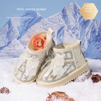 Inbemini Lányoknak Kristályos Cipő, téli bélésű fleece-szel, masnival, strasszos díszítéssel, csúszásmentes talppal