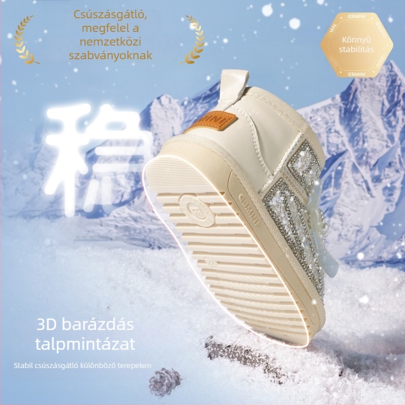 Inbemini Lányoknak Kristályos Cipő, téli bélésű fleece-szel, masnival, strasszos díszítéssel, csúszásmentes talppal
