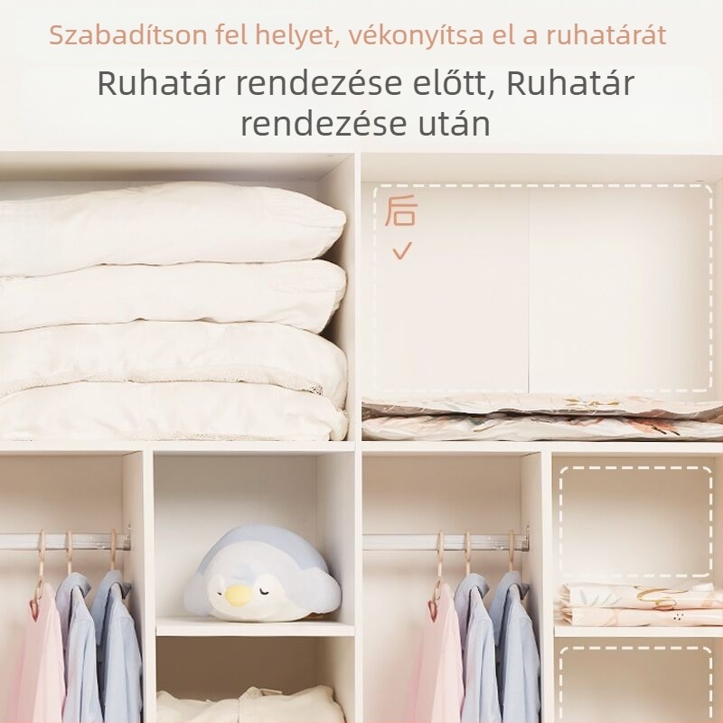 Ruhákhoz és paplanokhoz vákuumos tömítő tasakok, porvédett tárolás, kézi tekerés, levegő eltávolítása nélkül, lezárható, nagy kapacitás.