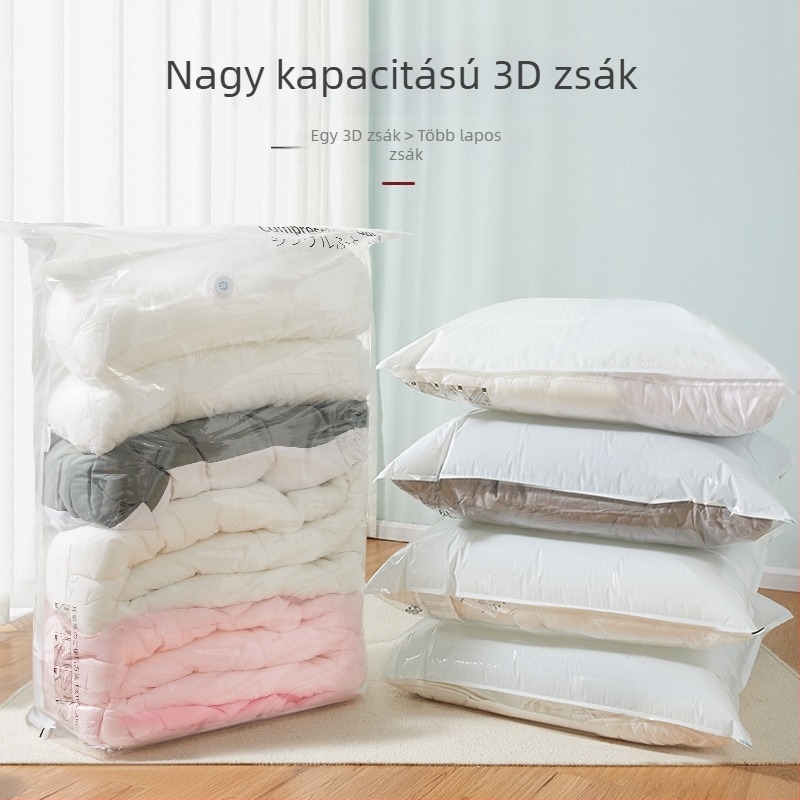 Háromdimenziós kialakítású vákuumkompressziós táska paplanokhoz és ruházathoz, zárható, kézi vagy elektromos pumpával
