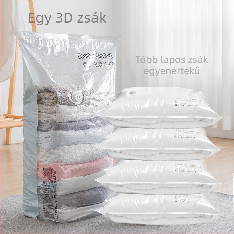 Háromdimenziós kialakítású vákuumkompressziós táska paplanokhoz és ruházathoz, zárható, kézi vagy elektromos pumpával