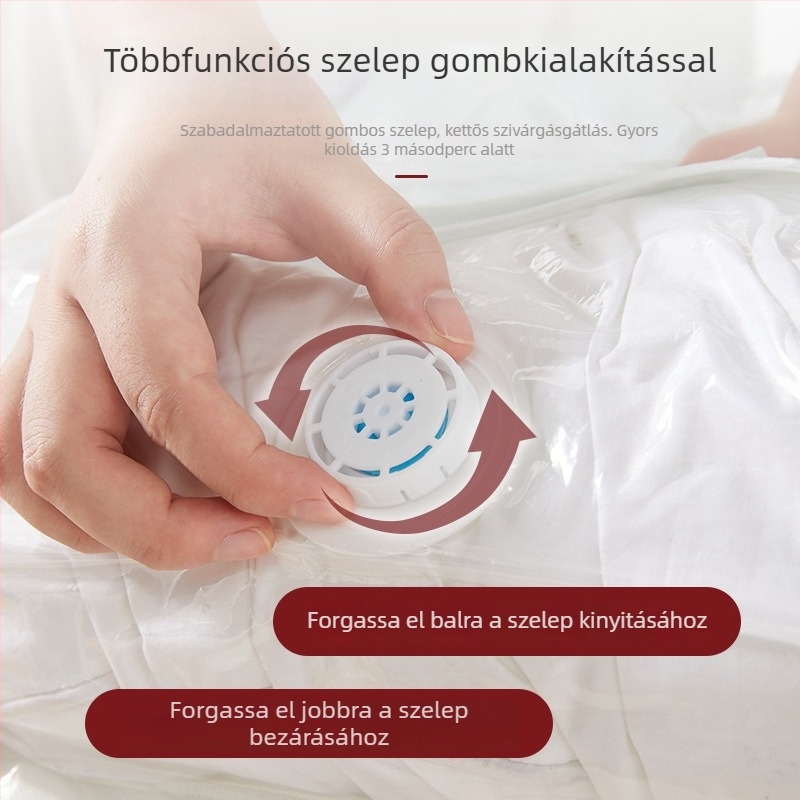 Háromdimenziós kialakítású vákuumkompressziós táska paplanokhoz és ruházathoz, zárható, kézi vagy elektromos pumpával