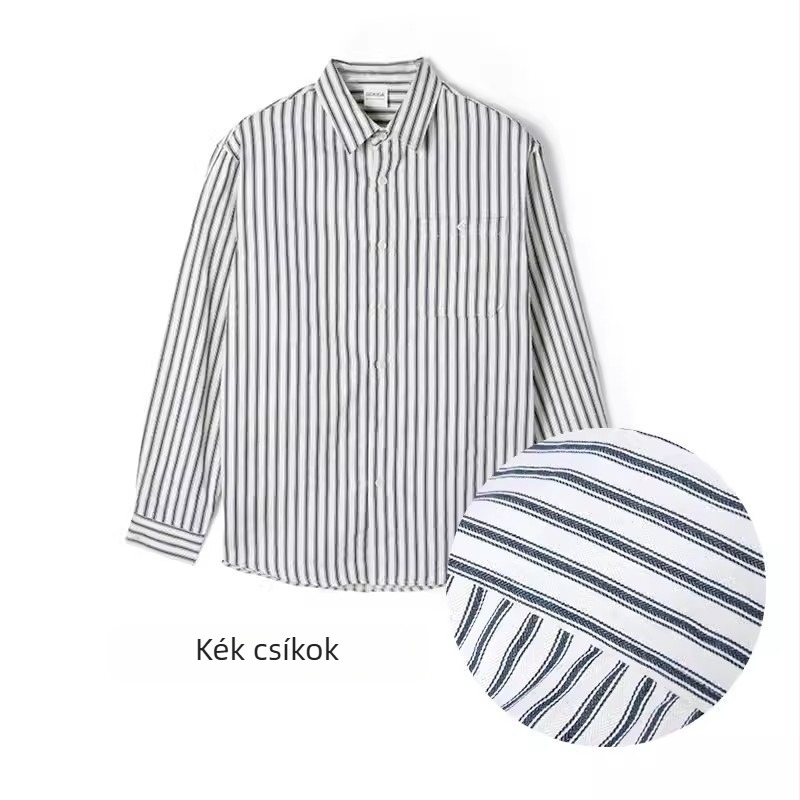 Férfi csíkos ing, laza szabás, drapírozott rész, hosszú ujj, rever típusú gallér, Harajuku inspirált