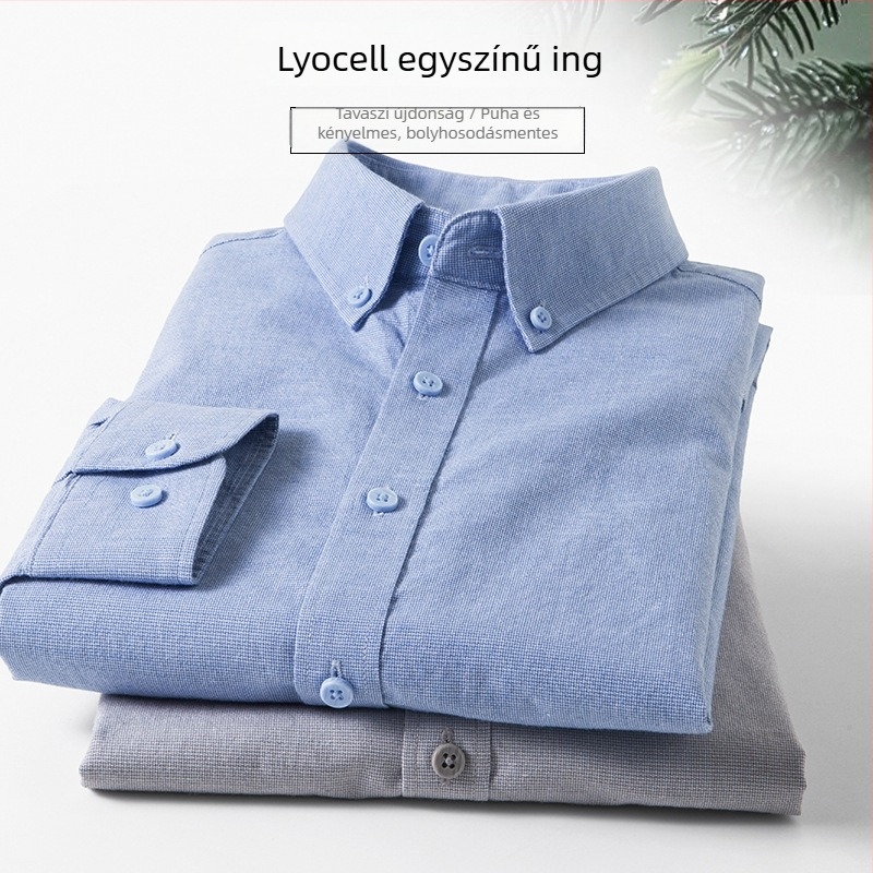 Lyocell férfi hosszú ujjú ing, vasalásmentes, gyűrődésálló, egyszínű, üzleti casual stílus középkorú férfiaknak