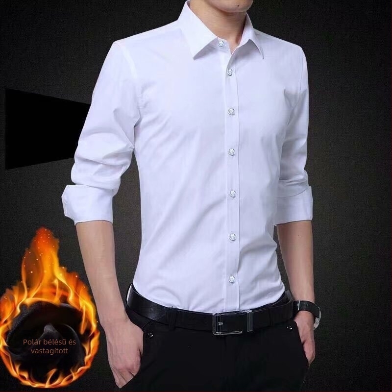 Férfi fehér ing téli melegen tartó, slim-fit, üzleti formális stílusú, fleece-béléses, hosszú ujjú