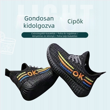 Gyerekeknek készült kókuszos sportcipő, puha zselés talp, légáteresztő textil felsőrész, csíkos mintázat, alacsony kivitel, mindennapi sportcipő