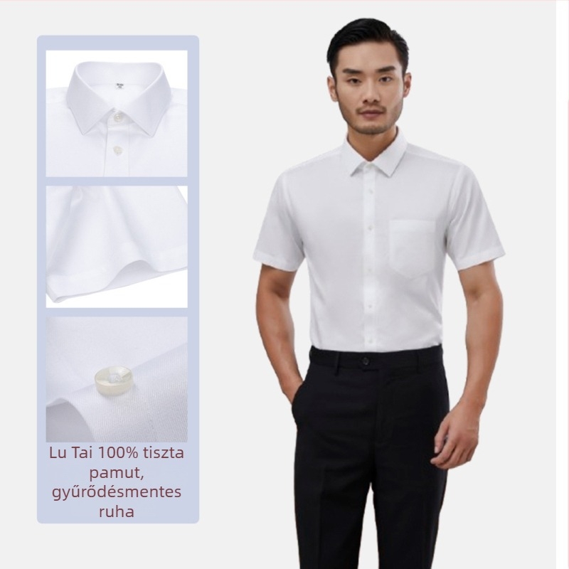 Személyre szabott 100% pamut rövid ujjú fehér férfiing – nyári üzleti casual, slim fit, vasalásmentes