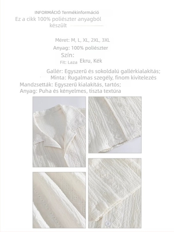 Uniszex rövid ujjú ing kubai gallérral és áttört részletekkel, retró, laza szabású
