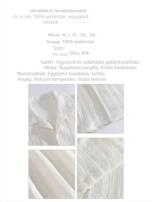 Uniszex rövid ujjú ing kubai gallérral és áttört részletekkel, retró, laza szabású