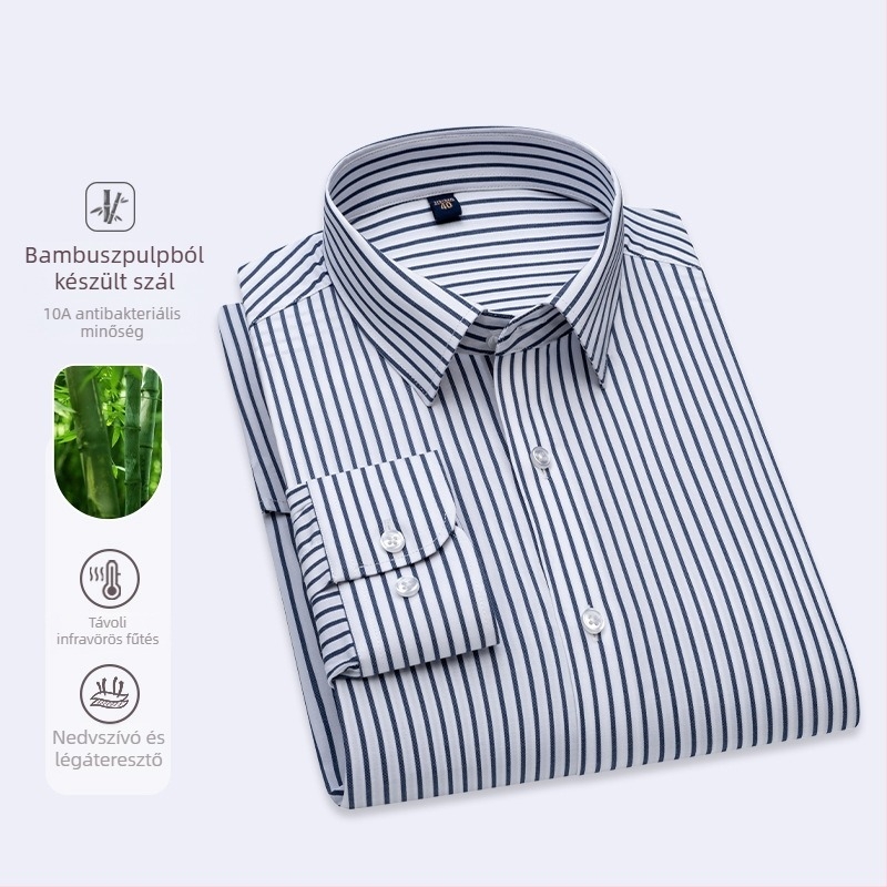 Férfi hosszú ujjú csíkos ing, üzleti megjelenés, könnyen kezelhető, slim-fit, négyzetes gallér, légáteresztő, nedvszívó