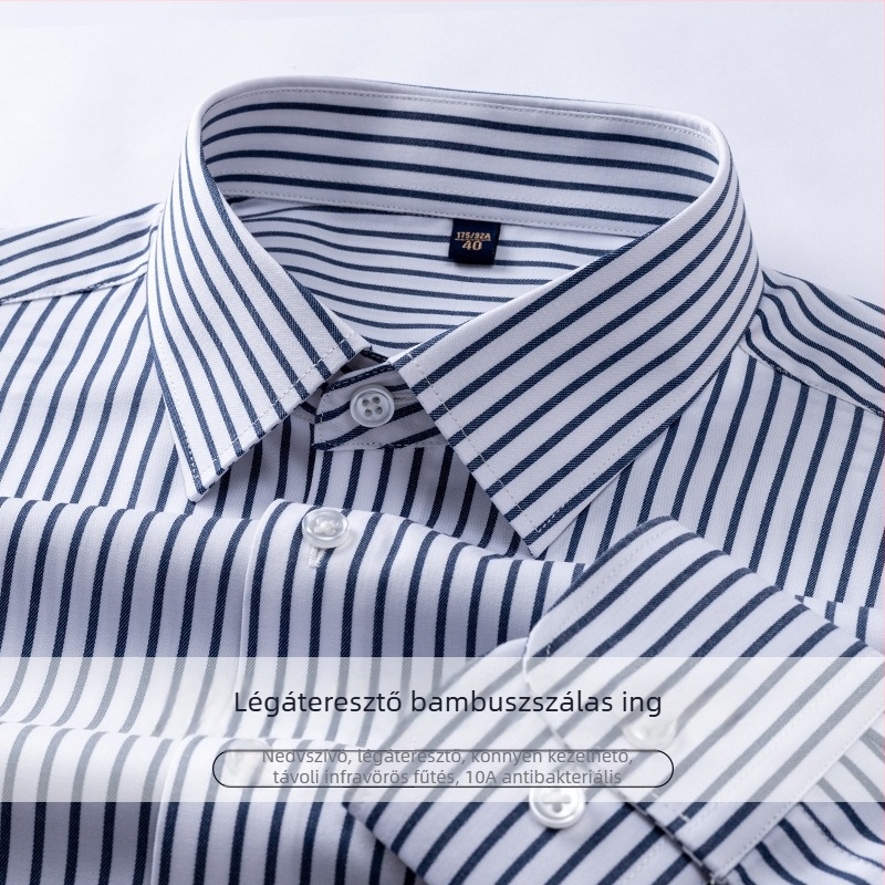 Férfi hosszú ujjú csíkos ing, üzleti megjelenés, könnyen kezelhető, slim-fit, négyzetes gallér, légáteresztő, nedvszívó