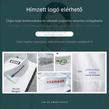 Testreszabható férfi hosszú ujjú fehér ing, elegáns üzleti ing, vasalásmentes, hímzett logó, karcsúsított fazon