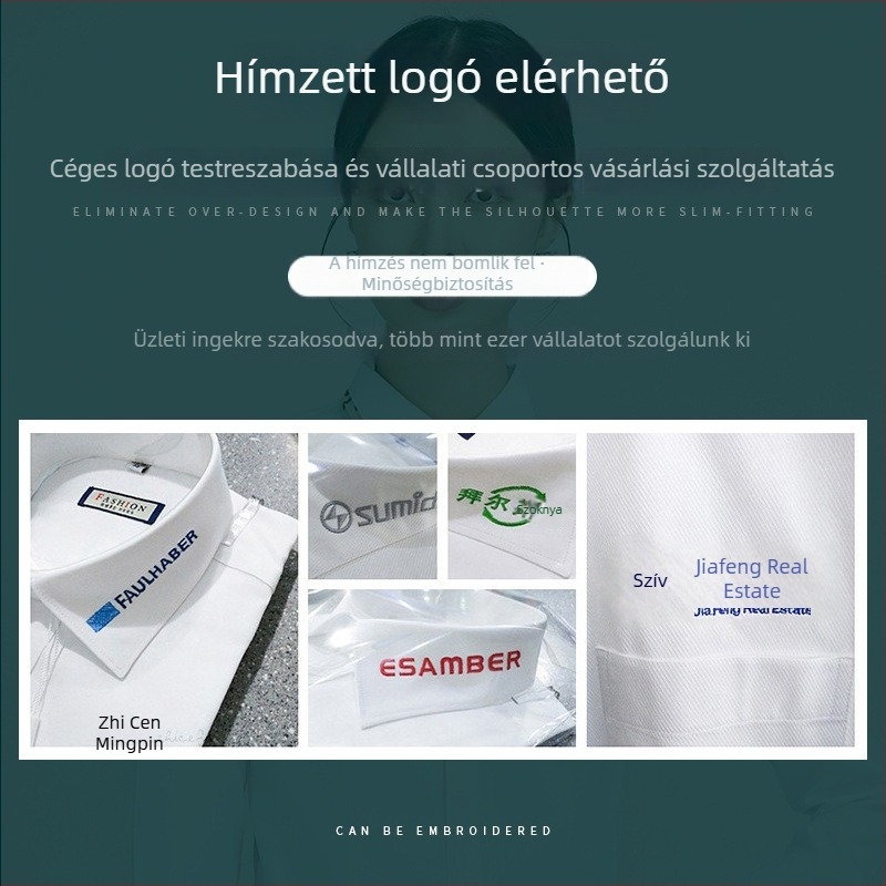 Testreszabható férfi hosszú ujjú fehér ing, elegáns üzleti ing, vasalásmentes, hímzett logó, karcsúsított fazon