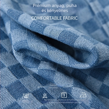 Férfi pamut-denim ing rövid ujjú, kockás mintázat, laza szabás, nyári viselet