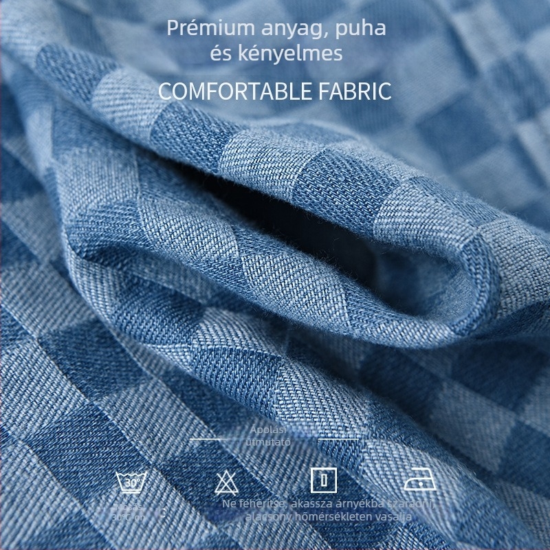 Férfi pamut-denim ing rövid ujjú, kockás mintázat, laza szabás, nyári viselet