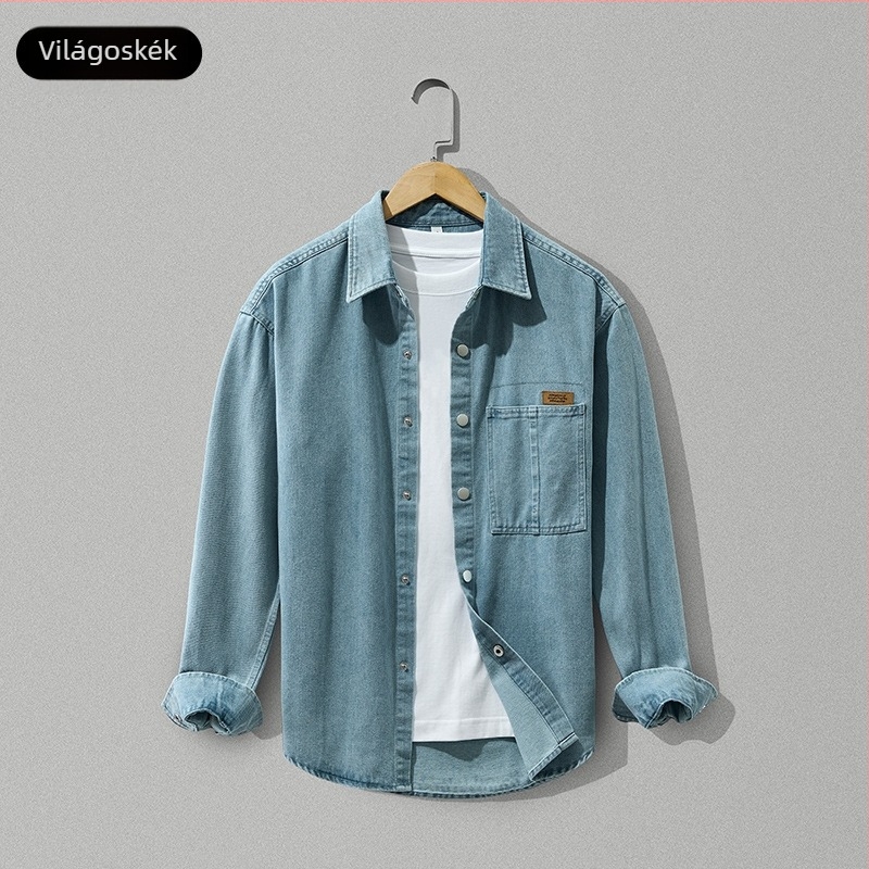 W823 Férfi őszi vastag denim-ing kabát, egyszerű és stílusos, laza szabású, sokoldalú mindennapi viselet