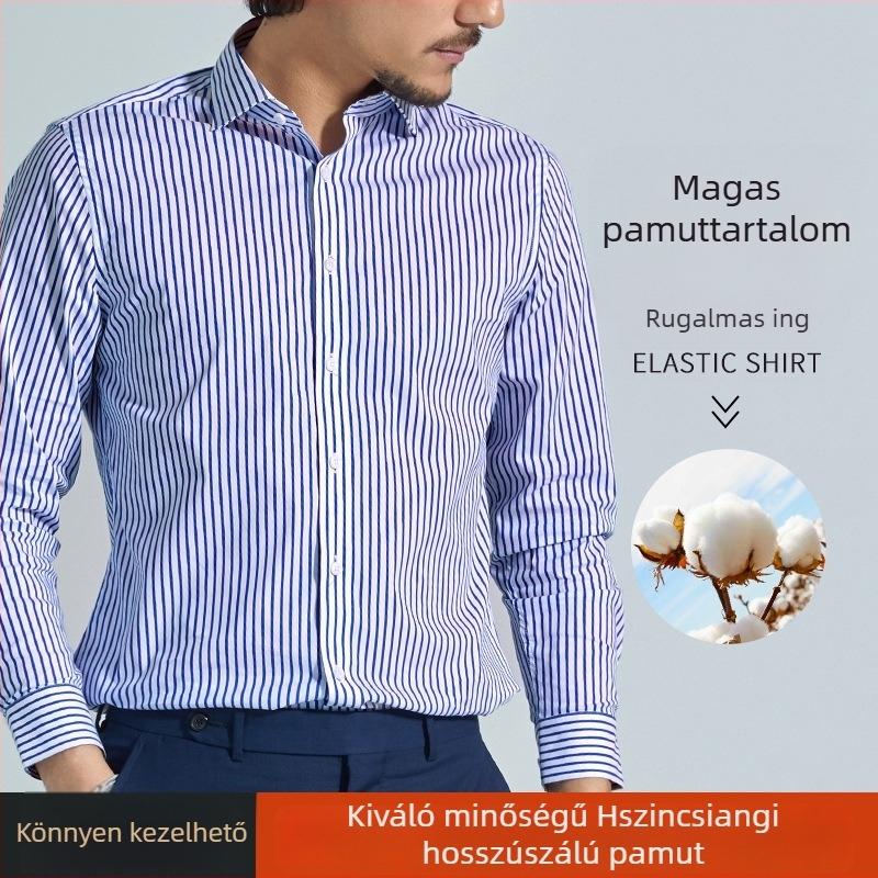 Őszi csíkos férfiing hosszú ujjú, négyzetes gallérral, üzleti‑casual stílus, 76% pamut, mikroelasztikus anyag