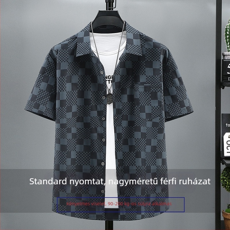 Pluszméretű férfi rövid ujjú ing, könnyű pamut, laza szabás, kockás minta, nyári mindennapi top