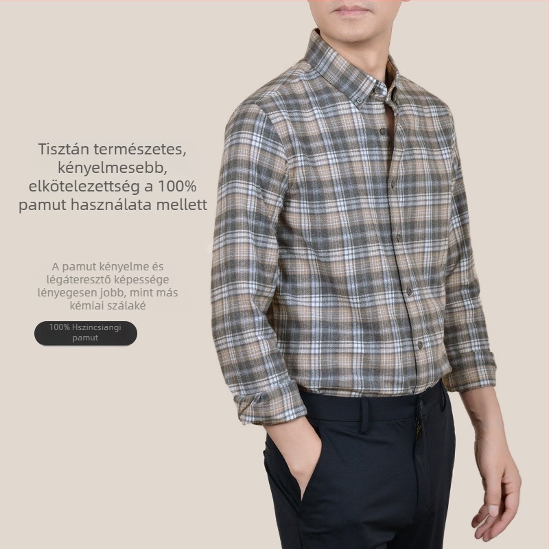 Férfi kefés 100% pamut karcsos ing, hosszú ujjú, kockás, kényelmes mindennapi viselet, tavasz 2025