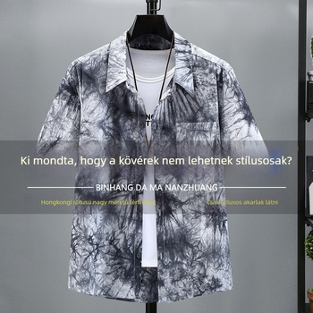 Férfi tie-dye oversize ing, plusz méret, virágos mintázat, rövid ujjú, vékony pamut-keverék