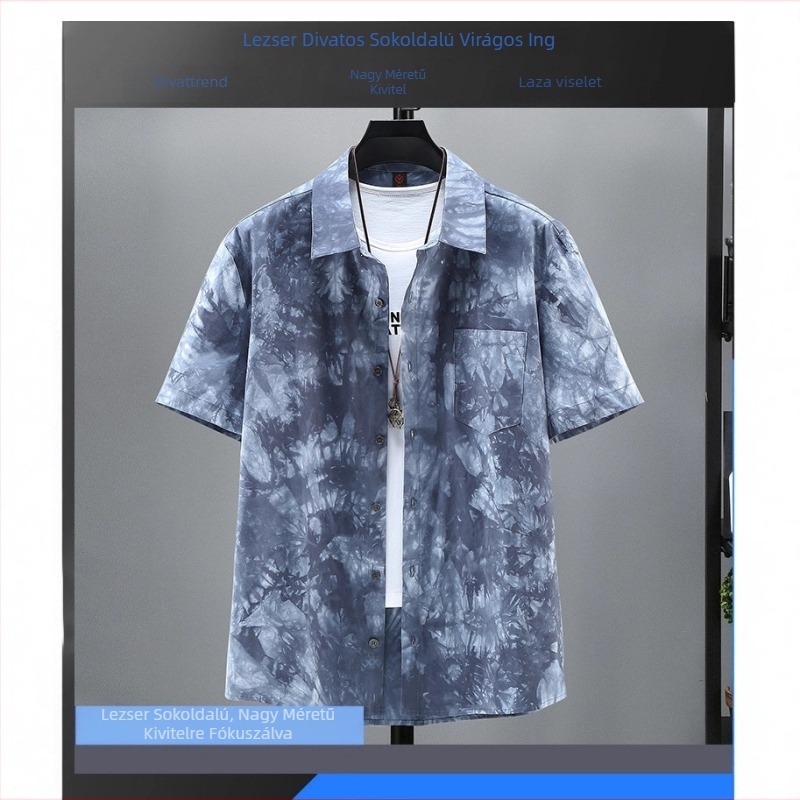 Férfi tie-dye oversize ing, plusz méret, virágos mintázat, rövid ujjú, vékony pamut-keverék