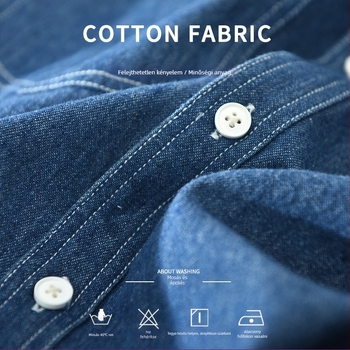 Férfi denim hosszú ujjú ing, retro casual stílusban, 100% pamutból, bő szabású, több zsebbel