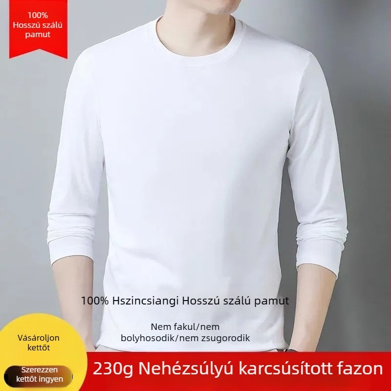 Férfi hosszú ujjú vastag pamut T-shirt, egyszínű, karcsúsított szabás, kerek nyak, téli alapréteg, kényelmes.