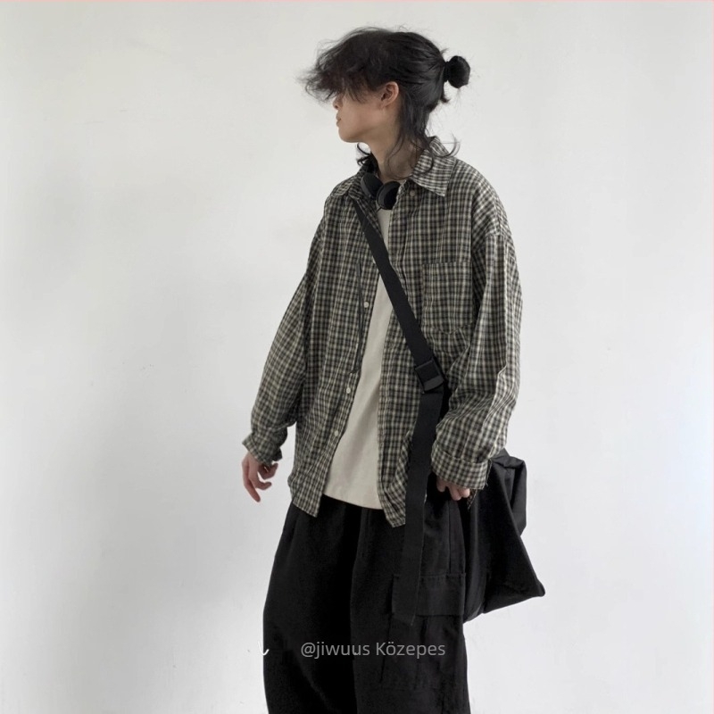 Japán stílusú retro kockás hosszú ujjú ing-jacke, uniszex, laza szabás, tavasz–ősz, sokoldalú, stílusos