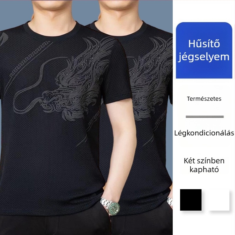 Férfi nyári ice silk légáteresztő kereknyakú rövid ujjú póló, laza szabású, könnyű, mintával