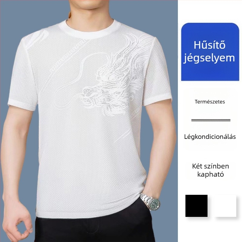Férfi nyári ice silk légáteresztő kereknyakú rövid ujjú póló, laza szabású, könnyű, mintával
