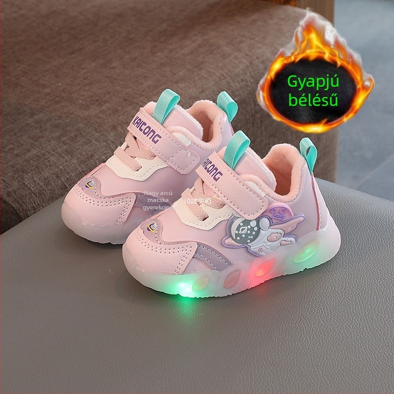 Téli LED világító gyerekcipő pamutból, puha talppal és velúr bélésével, 0–3 éveseknek, fiúknak és lányoknak