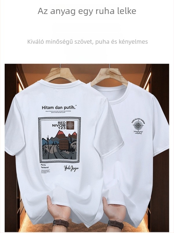 Férfi rövid ujjú póló mercerizált pamutból, grafikai mintával, lazább szabás, plusz méret