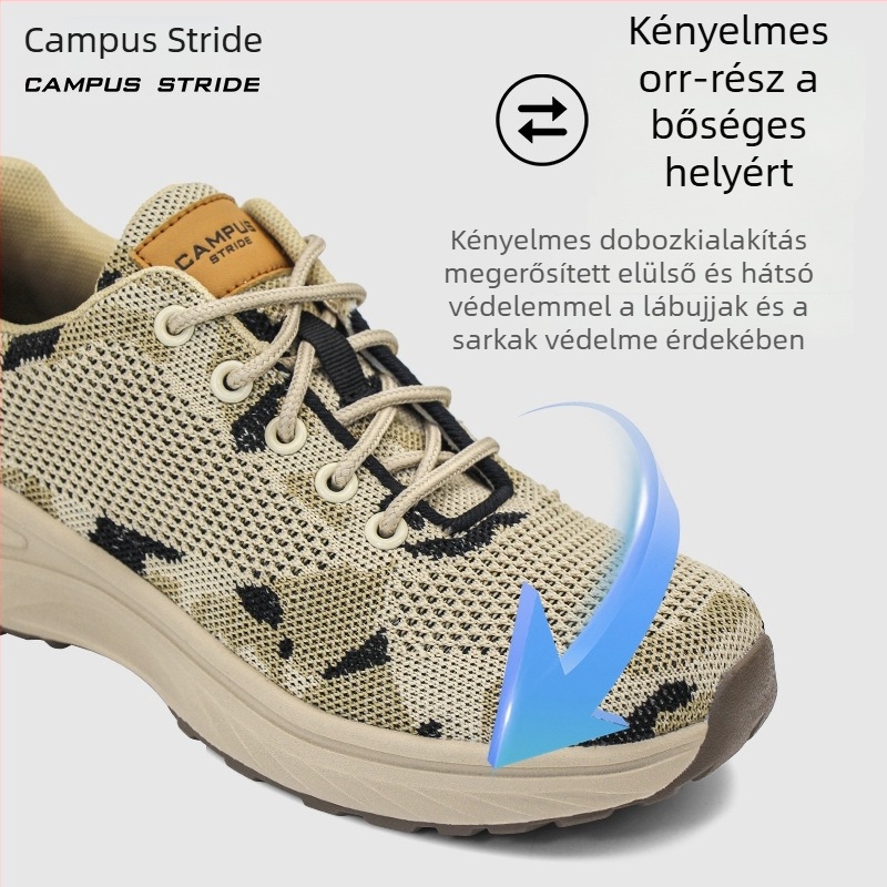 Hallgatói edzőcipő, légáteresztő hálós felsőrész, tartós és könnyű, katonai zöld színben, fűzős, campus cipő