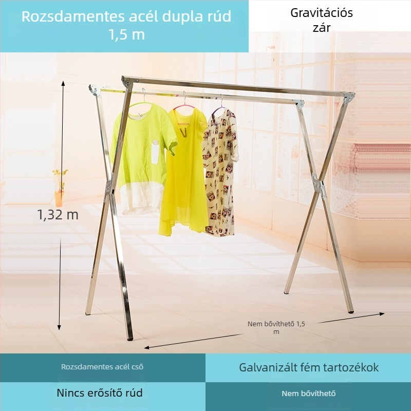 Szerelés nélküli összecsukható ruhaszárító rozsdamentes acélból, X‑alaku keret négyszögletes csövekkel, 1,5 m hosszú, teherbíró.