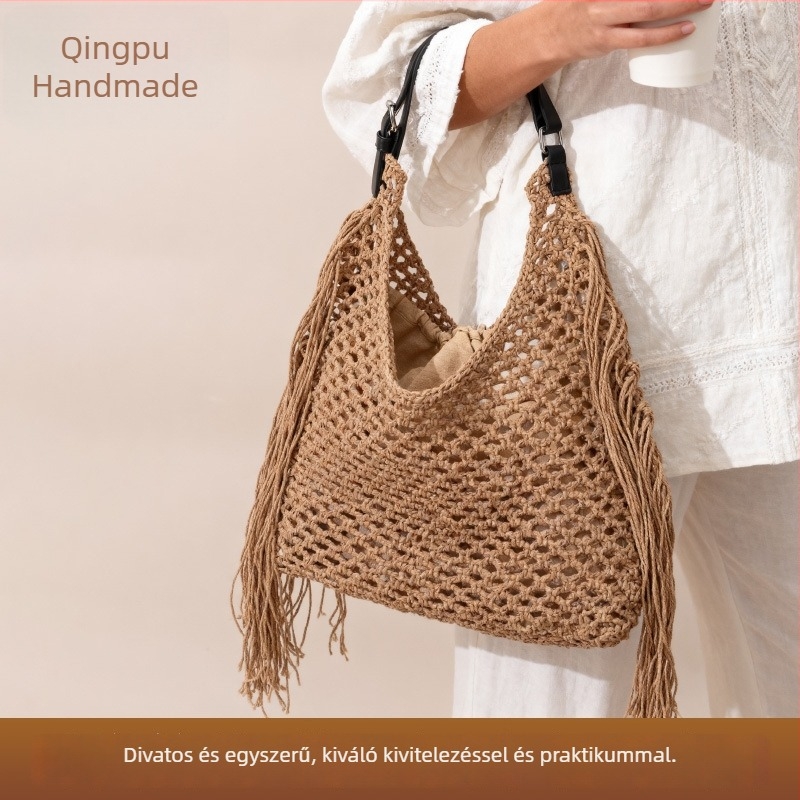 Egy színű, minimalist női válltáska, lazább stílusú strandtáska nagy kapacitással és áttört szövésű mintával