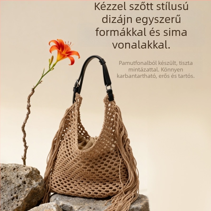 Egy színű, minimalist női válltáska, lazább stílusú strandtáska nagy kapacitással és áttört szövésű mintával