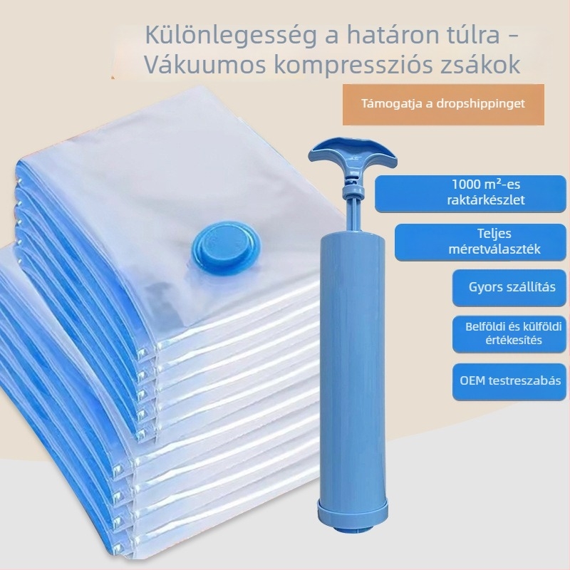 Sűrített, átlátszó vákuumos tömítő tasak, nagy méret, pumpával, ruhák otthoni tárolására