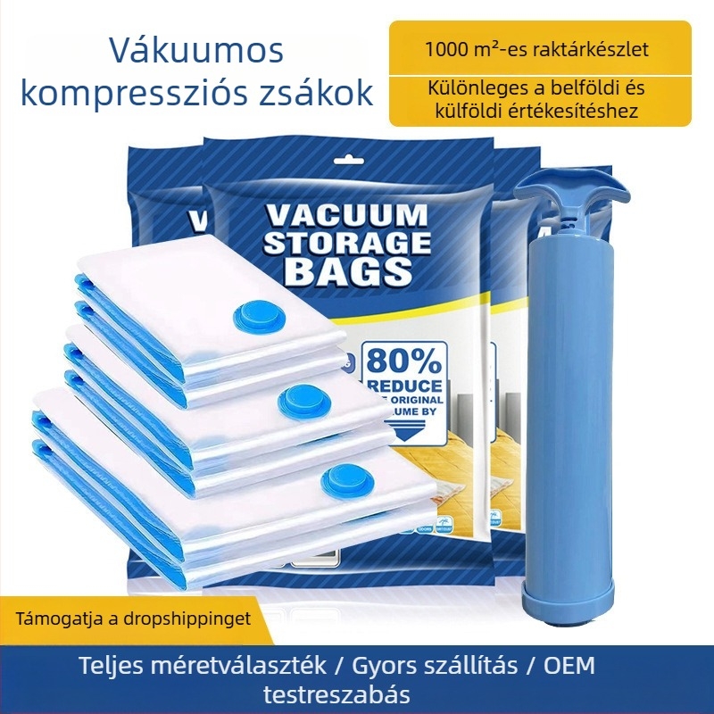 Sűrített, átlátszó vákuumos tömítő tasak, nagy méret, pumpával, ruhák otthoni tárolására