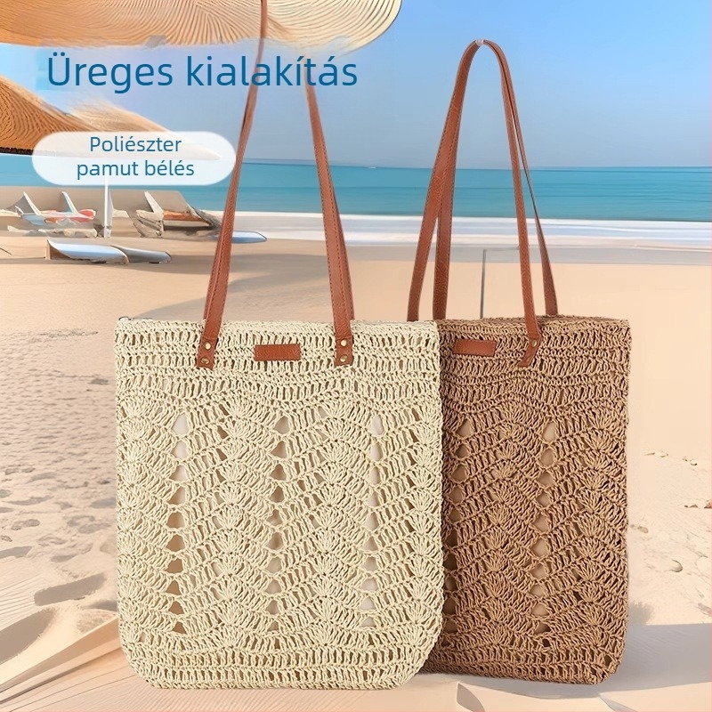 Új lyukasztott fonott oldaltáska egy vállra, kötés papírszálból, strand-stílus