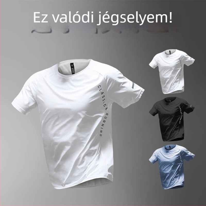 Férfi Ice Silk gyorsan száradó sportos póló, vékony nyári fazon, rövid ujjú, fehér, lélegző edzésfelső