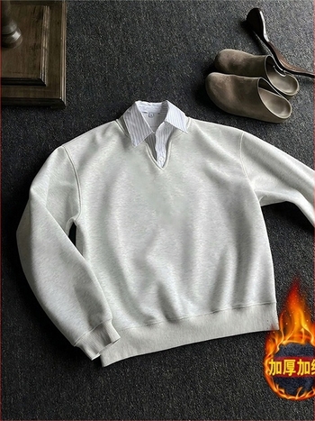 Fekete hamis kétszínű ingnyakú pulóver fleece-béléssel, férfiaknak, egyetemi stílus, hosszú ujjú