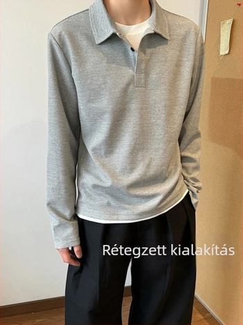 Férfi hosszú ujjú Henley galléros póló, virágmintás szürke waffle szövés, őszi súlyú pulóver