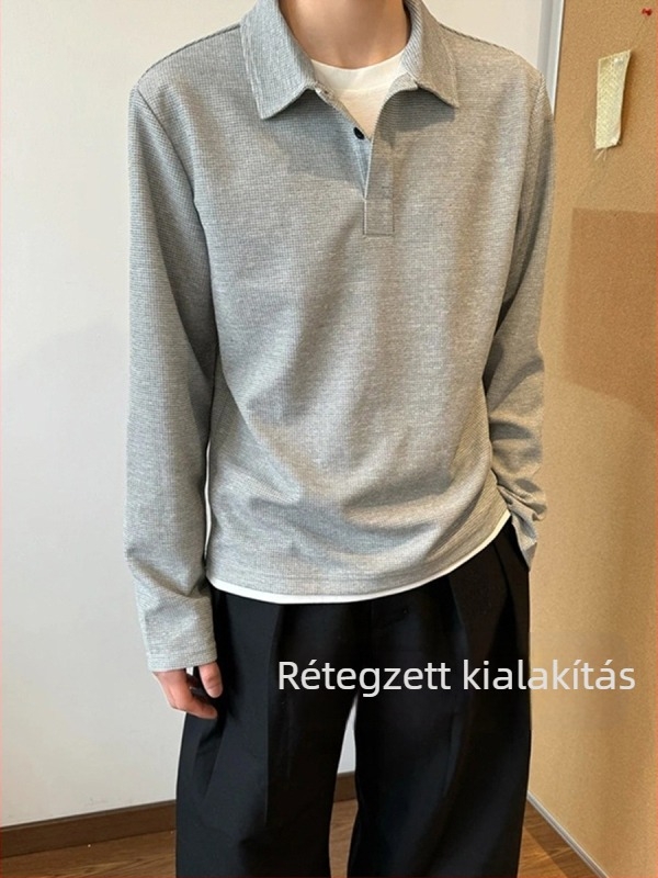 Férfi hosszú ujjú Henley galléros póló, virágmintás szürke waffle szövés, őszi súlyú pulóver