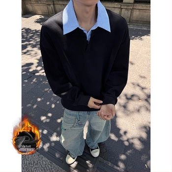 380g nehéz pamut-keverék fleece-béléssel, férfi pulóver polo nyakkal, Silver Fox Velvet – W5432J