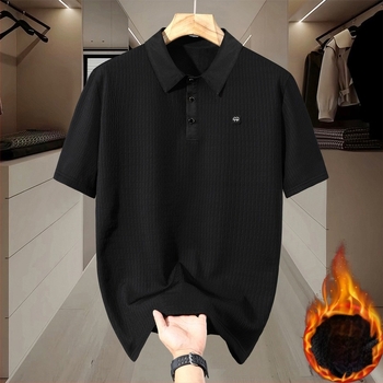 Férfi rövid ujjú polo póló, fleece béléssel, vastag anyag, laza szabás, őszi-téli szezon, plusz méret